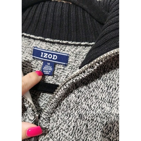 Izod Boys Quarter Zip Sweater Sz M 10 / 12 Black Ivory Preppy Schoolboy Speckled - Picture 3 of 12